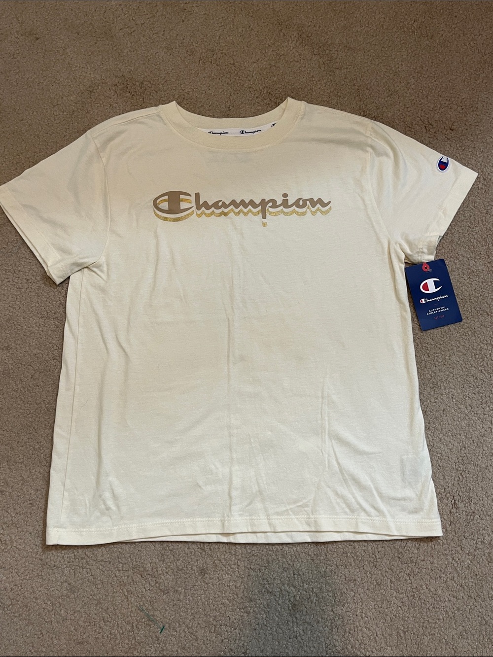 Champion Cream Gold Logo Tee Small Fits Women's Small (Youth Medium) NWT